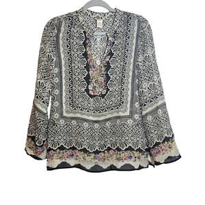 Sundance 100% Silk Boho Tunic Top Size M Embelished Floral Split V-Neck Peasant